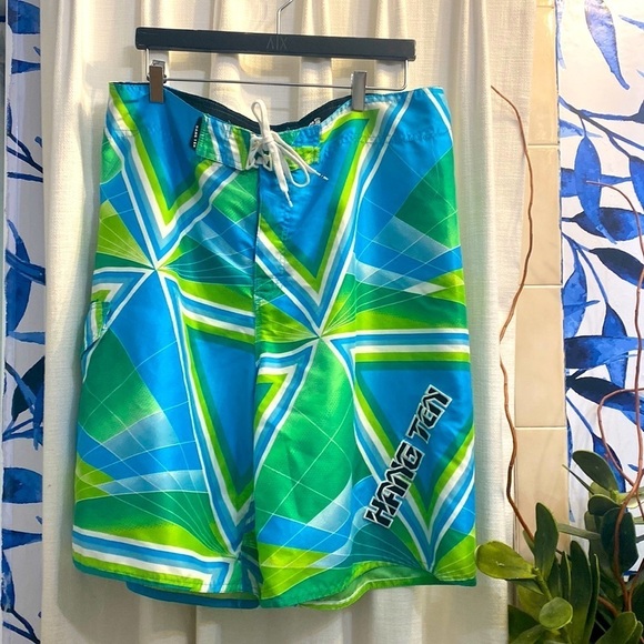 Men’s Blue Green and Yellow Hang Ten Board Shorts with Side Pocket Size 38 - Picture 1 of 7